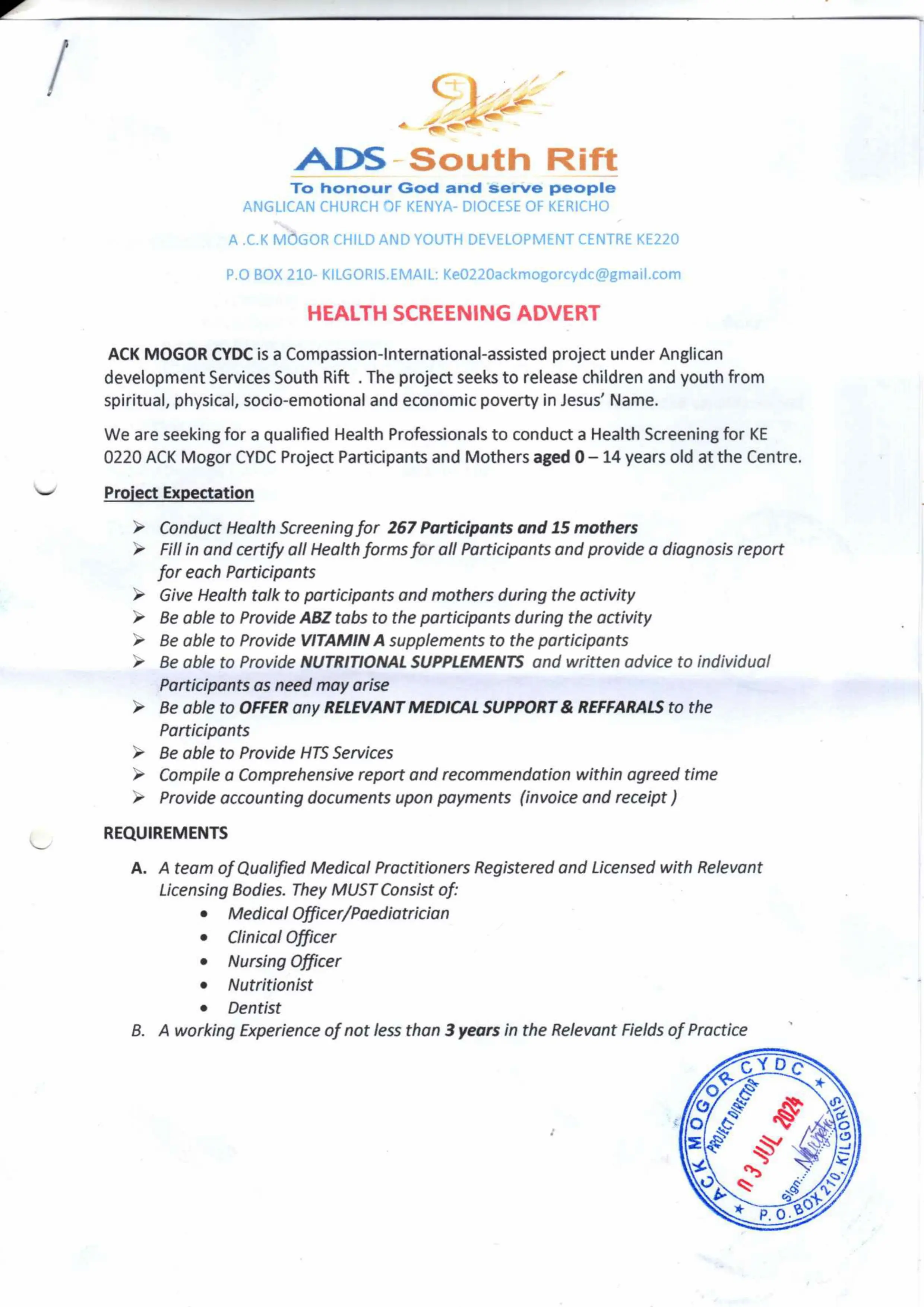 Screening Ad Health Screening Advert — Anglican Development Services - South Rift Region